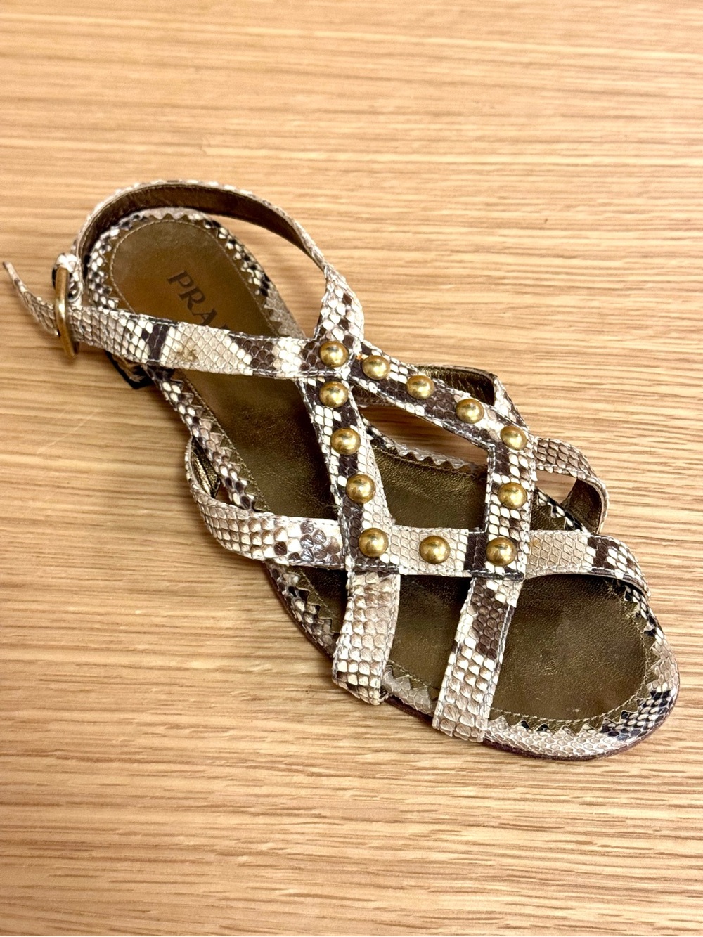 Vintage PRADA Strappy Snakeskin Sandals with Gold Stud Accents, EU 37.5 / US 7.5